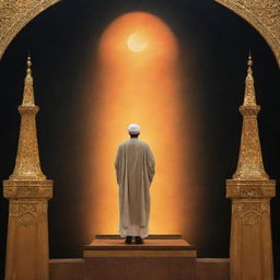 A back view of the Prophet Muhammad, standing on stacked pulpits, holding up the arm of Imam Ali, the sky above a radiant amber, depicting the historic event at Ghadir Khumm.