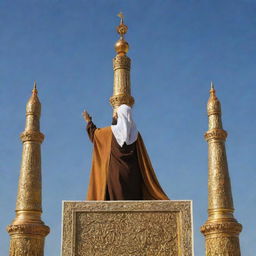 A back view of the Prophet Muhammad, standing on stacked pulpits, holding up the arm of Imam Ali, the sky above a radiant amber, depicting the historic event at Ghadir Khumm.