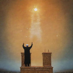 A back view of the Prophet Muhammad, standing on stacked pulpits, holding up the arm of Imam Ali, the sky above a radiant amber, depicting the historic event at Ghadir Khumm.