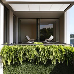 An elegantly constructed architectural scene featuring a balcony with a green-filled planter box around the edge, a crystal clear glass balustrade, and a pair of classy sun chairs.