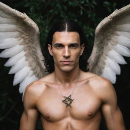 A beautifully defined, olive-skinned man who was once an angel. Now, he dedicates his life to practicing witchcraft and honoring fallen angels. He is posed with symbolism of fallen angels and witchcraft around him.