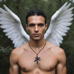 A beautifully defined, olive-skinned man who was once an angel. Now, he dedicates his life to practicing witchcraft and honoring fallen angels. He is posed with symbolism of fallen angels and witchcraft around him.