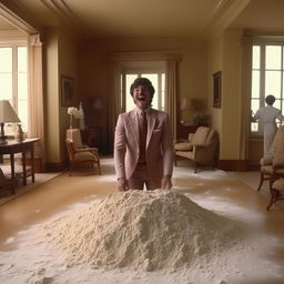 In the 1980s mansion living room scene, add a man dressed in a suit, staring joyfully at the pile of flour on the table.