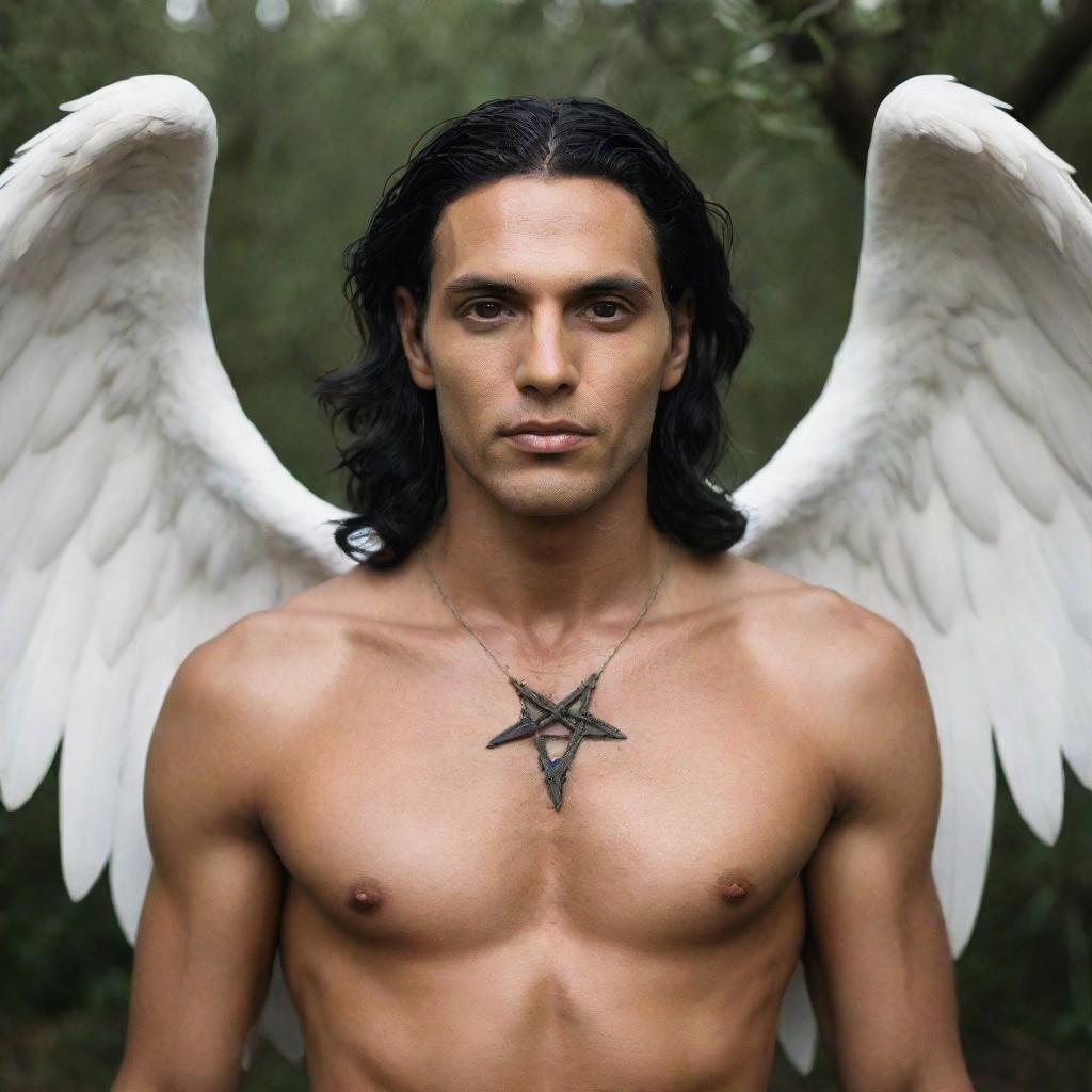 A beautifully defined, olive-skinned man who was once an angel. Now, he dedicates his life to practicing witchcraft and honoring fallen angels. He is posed with symbolism of fallen angels and witchcraft around him.