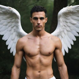 A beautifully defined, olive-skinned man who was once an angel. Now, he dedicates his life to practicing witchcraft and honoring fallen angels. He is posed with symbolism of fallen angels and witchcraft around him.