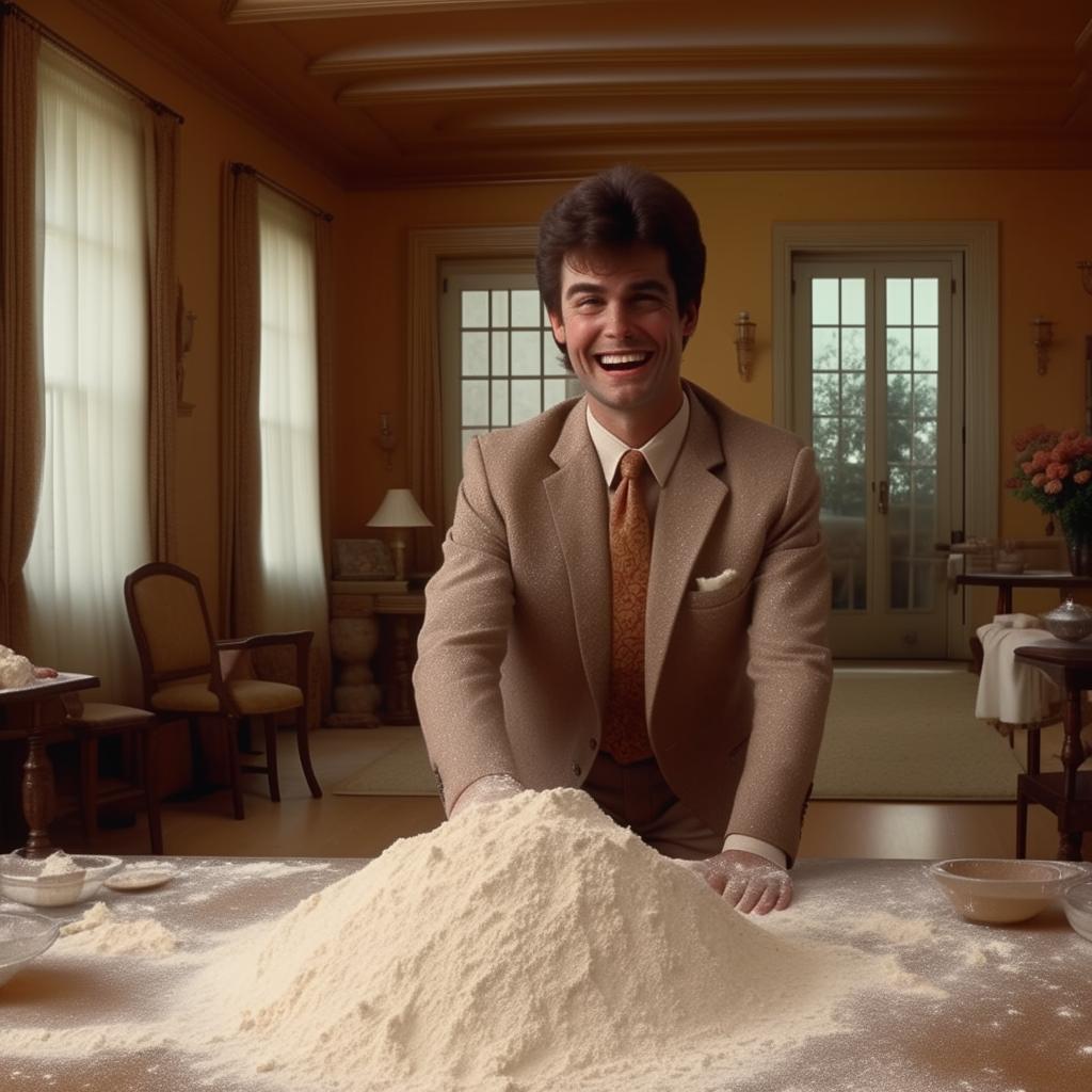 In the 1980s mansion living room scene, add a man dressed in a suit, staring joyfully at the pile of flour on the table.