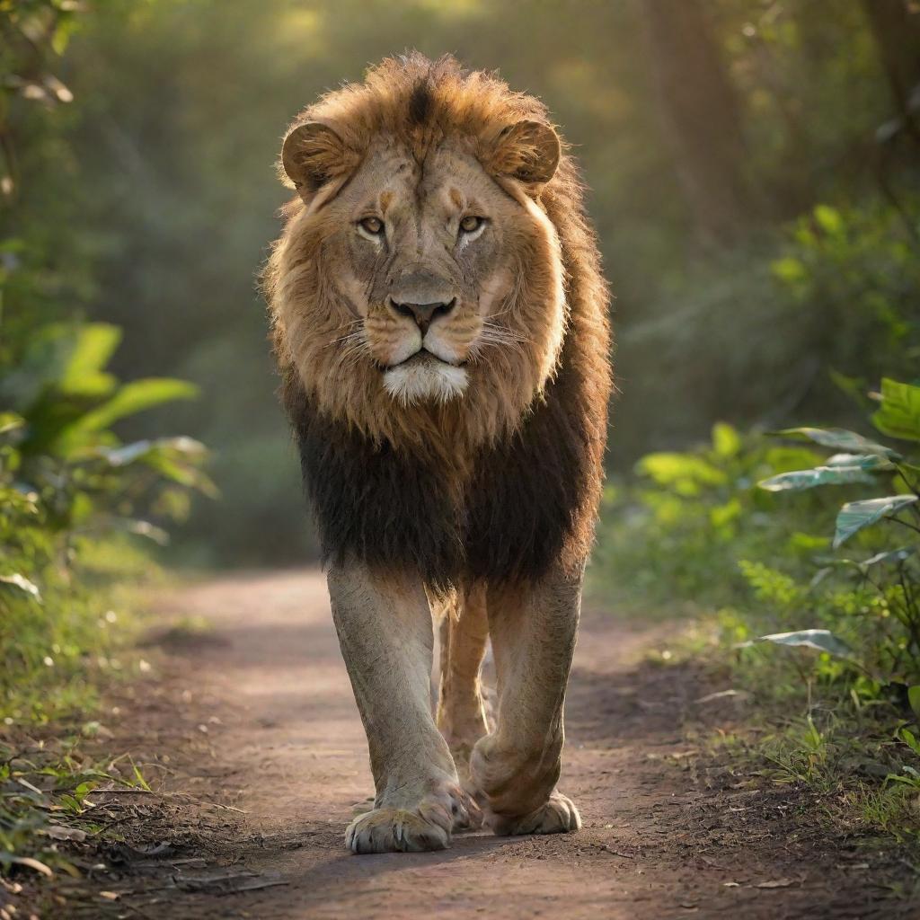 A majestic lion, prowling amidst the vibrant and dense Amazon jungle, the setting sun casting elongated shadows behind it.