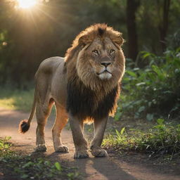 A majestic lion, prowling amidst the vibrant and dense Amazon jungle, the setting sun casting elongated shadows behind it.