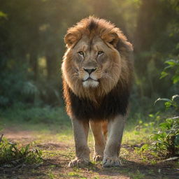 A majestic lion, prowling amidst the vibrant and dense Amazon jungle, the setting sun casting elongated shadows behind it.