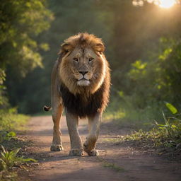 A majestic lion, prowling amidst the vibrant and dense Amazon jungle, the setting sun casting elongated shadows behind it.