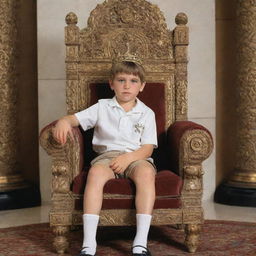 A young boy sitting majestically on an ornate king's throne. Behind the throne, the word 'Neutra' is inscribed elegantly.