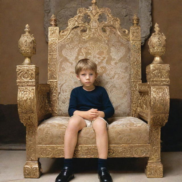 A young boy sitting majestically on an ornate king's throne. Behind the throne, the word 'Neutra' is inscribed elegantly.