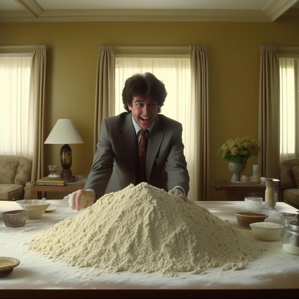 In the 1980s mansion living room scene, add a man dressed in a suit, staring joyfully at the pile of flour on the table.