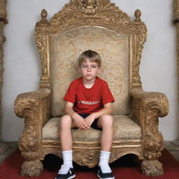 A young boy sitting majestically on an ornate king's throne. Behind the throne, the word 'Neutra' is inscribed elegantly.