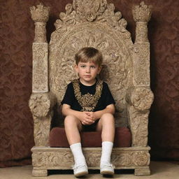 A young boy sitting majestically on an ornate king's throne. Behind the throne, the word 'Neutra' is inscribed elegantly.