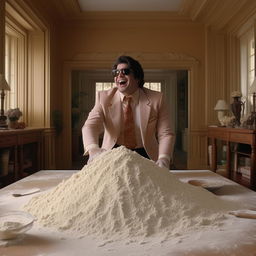 In the 1980s mansion living room scene, add a man dressed in a suit, staring joyfully at the pile of flour on the table.