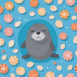 Create a flat vector illustration of a playful seal balancing a beach ball on its nose, surrounded by seashells and starfish