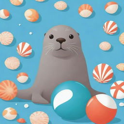 Create a flat vector illustration of a playful seal balancing a beach ball on its nose, surrounded by seashells and starfish