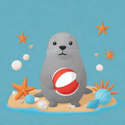 Create a flat vector illustration of a playful seal balancing a beach ball on its nose, surrounded by seashells and starfish