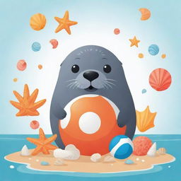 Create a flat vector illustration of a playful seal balancing a beach ball on its nose, surrounded by seashells and starfish