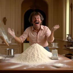 Enhance the 1980s mansion living room scene by adding a weighing scale and a box of baking soda on the table alongside the pile of flour, with the man continuing to beam joyfully.