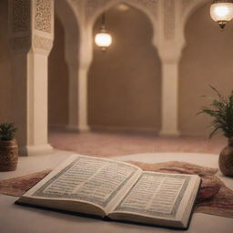 Illustrate an inspiring and respectful scene depicting the Islamic concept of Hadith Thaqalayn, showing the Quran and the Ahl al-Bayt in a peaceful, serene setting. Lighting should create a holy atmosphere.