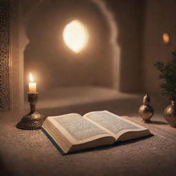 Illustrate an inspiring and respectful scene depicting the Islamic concept of Hadith Thaqalayn, showing the Quran and the Ahl al-Bayt in a peaceful, serene setting. Lighting should create a holy atmosphere.