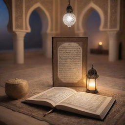 Illustrate an inspiring and respectful scene depicting the Islamic concept of Hadith Thaqalayn, showing the Quran and the Ahl al-Bayt in a peaceful, serene setting. Lighting should create a holy atmosphere.