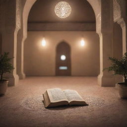 Illustrate an inspiring and respectful scene depicting the Islamic concept of Hadith Thaqalayn, showing the Quran and the Ahl al-Bayt in a peaceful, serene setting. Lighting should create a holy atmosphere.