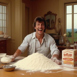 Enhance the 1980s mansion living room scene by adding a weighing scale and a box of baking soda on the table alongside the pile of flour, with the man continuing to beam joyfully.