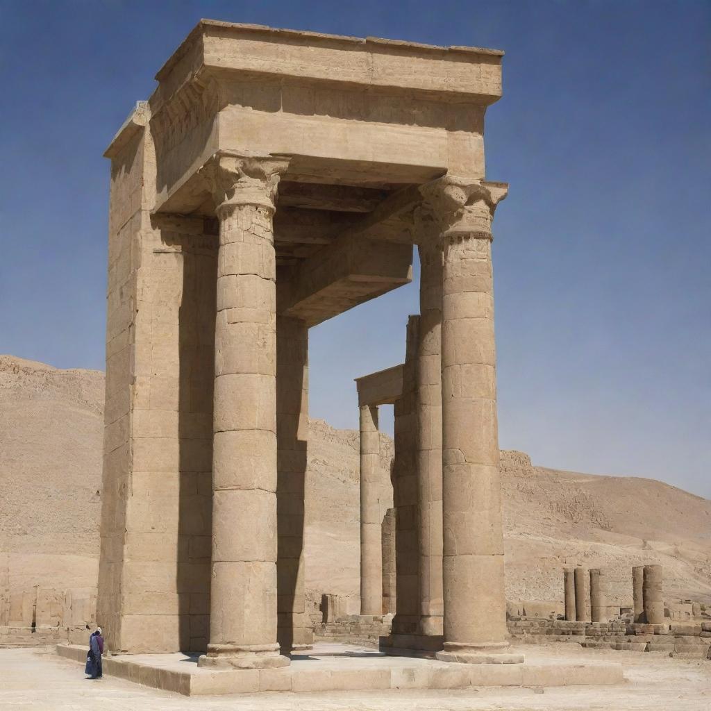 Generate an image of the ancient Persian monument, Persepolis, integrated with modern architectural elements. It should retain its historical character, yet demonstrate a contemporary appeal