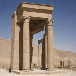 Generate an image of the ancient Persian monument, Persepolis, integrated with modern architectural elements. It should retain its historical character, yet demonstrate a contemporary appeal