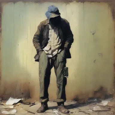 The painting depicted the harsh reality of impecuniousness, with the main subject shown in tattered clothes and empty pockets.