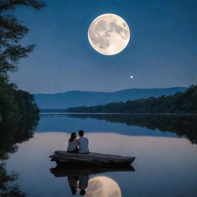 A romantic couple intimately sitting together next to a tranquil lake, engrossed in the mesmerizing beauty of a radiant full moon reflecting on the water's surface.