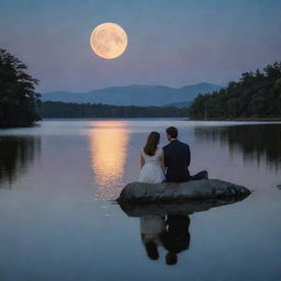 A romantic couple intimately sitting together next to a tranquil lake, engrossed in the mesmerizing beauty of a radiant full moon reflecting on the water's surface.