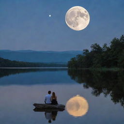 A romantic couple intimately sitting together next to a tranquil lake, engrossed in the mesmerizing beauty of a radiant full moon reflecting on the water's surface.