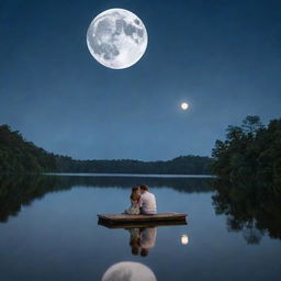 A romantic couple intimately sitting together next to a tranquil lake, engrossed in the mesmerizing beauty of a radiant full moon reflecting on the water's surface.