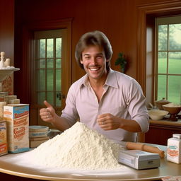 Enhance the 1980s mansion living room scene by adding a weighing scale and a box of baking soda on the table alongside the pile of flour, with the man continuing to beam joyfully.