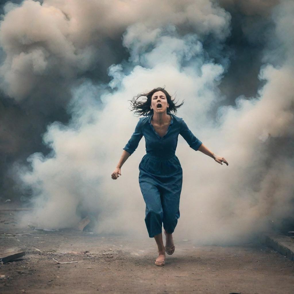 Generate an image of a woman escaping an environment filled with smoke and stress, with a few people shouting at her. The scene should convey her strength and determination amidst adversity.