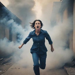 Generate an image of a woman escaping an environment filled with smoke and stress, with a few people shouting at her. The scene should convey her strength and determination amidst adversity.