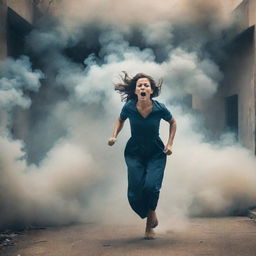 Generate an image of a woman escaping an environment filled with smoke and stress, with a few people shouting at her. The scene should convey her strength and determination amidst adversity.