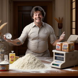 Enhance the 1980s mansion living room scene by adding a weighing scale and a box of baking soda on the table alongside the pile of flour, with the man continuing to beam joyfully.