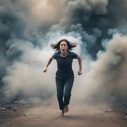 Generate an image of a woman escaping an environment filled with smoke and stress, with a few people shouting at her. The scene should convey her strength and determination amidst adversity.