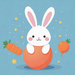 Design a kawaii flat vector illustration of a playful bunny balancing a beach ball on its nose, surrounded by carrots and stars