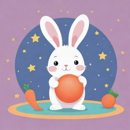 Design a kawaii flat vector illustration of a playful bunny balancing a beach ball on its nose, surrounded by carrots and stars