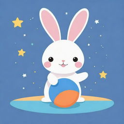 Design a kawaii flat vector illustration of a playful bunny balancing a beach ball on its nose, surrounded by carrots and stars