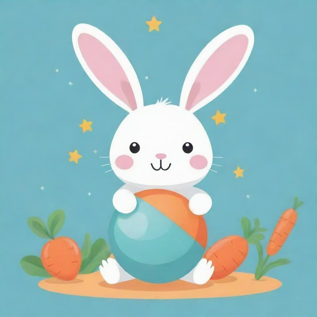 Design a kawaii flat vector illustration of a playful bunny balancing a beach ball on its nose, surrounded by carrots and stars