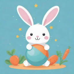 Design a kawaii flat vector illustration of a playful bunny balancing a beach ball on its nose, surrounded by carrots and stars