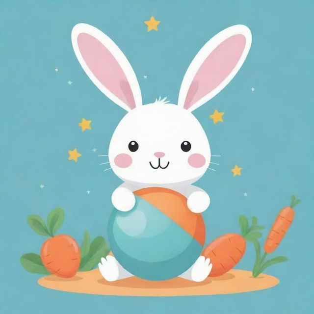 Design a kawaii flat vector illustration of a playful bunny balancing a beach ball on its nose, surrounded by carrots and stars