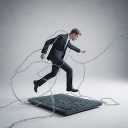 Generate a conceptual piece illustrating a person escaping from cyberspace. Include symbolic elements such as digital chains breaking and the individual stepping out of a computer or smartphone screen into the real world.